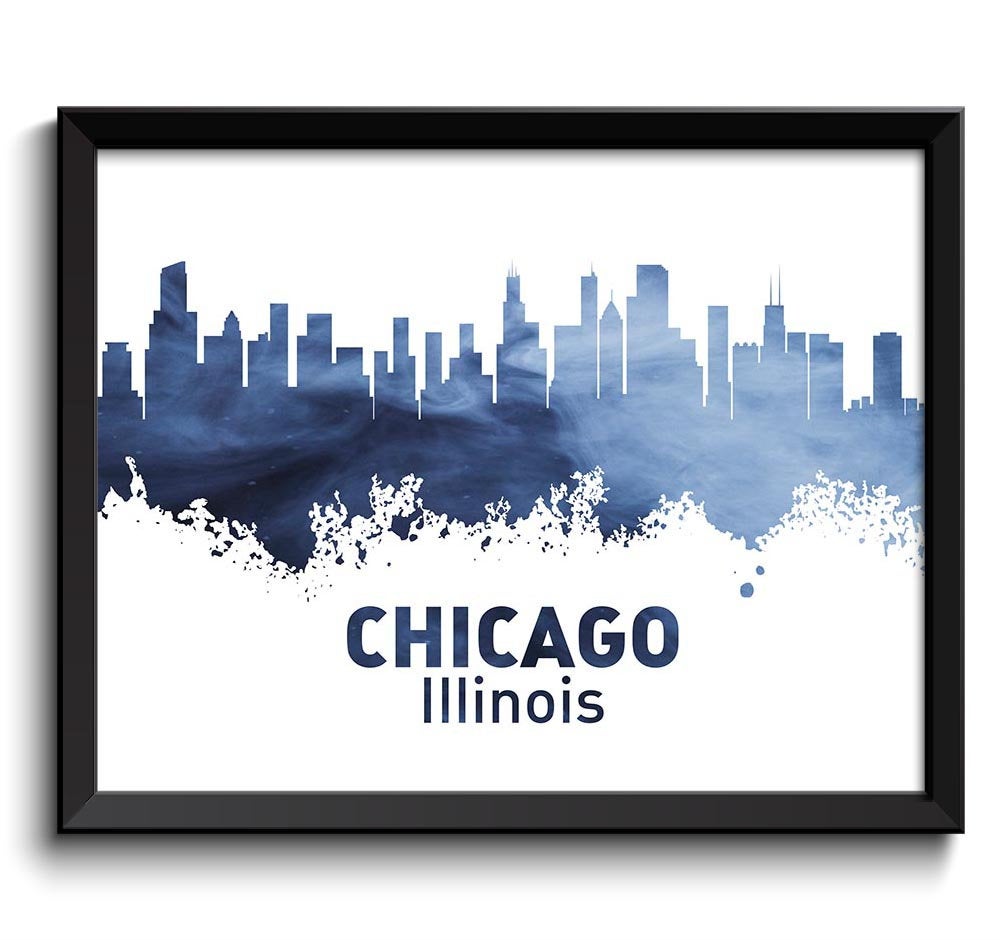 Chicago Skyline Illinois City Steel Blue Navy Watercolor Cityscape Poster Print Modern Abstract Land