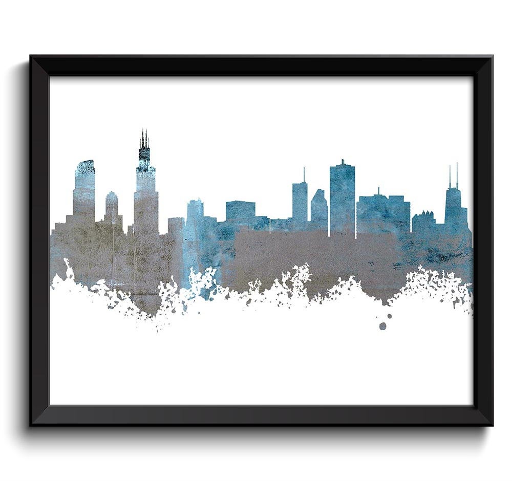 Chicago Skyline Illinois City Sky Blue Grey Watercolor Cityscape Poster Print Modern Abstract Landsc