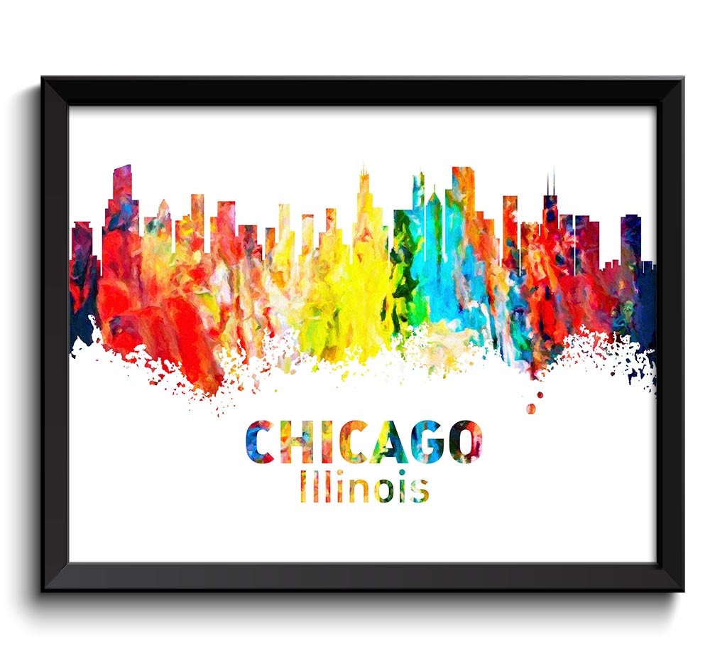 Chicago Skyline Illinois City Red Yellow Turquoise Blue Rainbow Watercolor Cityscape Poster Print La