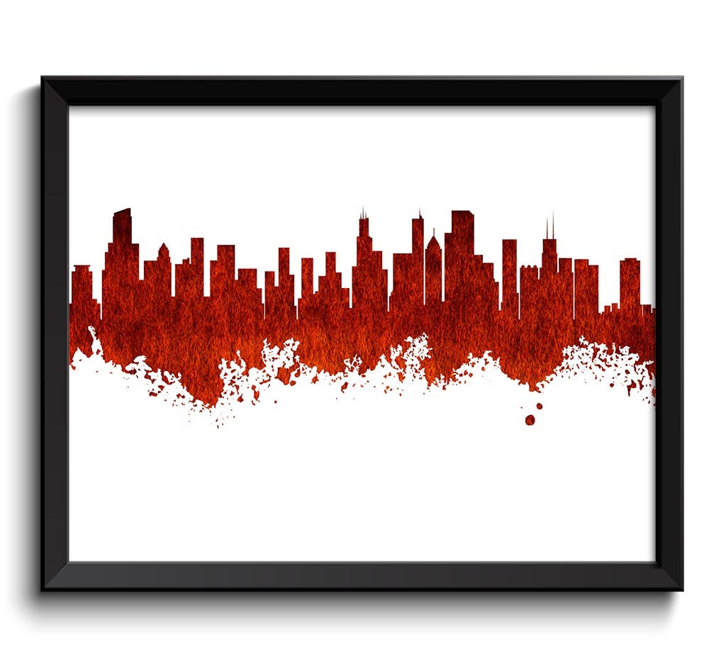 Chicago Skyline Illinois City Red Black White Watercolor Cityscape Poster Print Modern Abstract Land