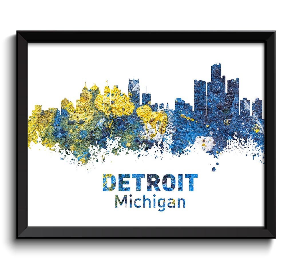 Detroit Skyline Michigan Colorful Watercolor Cityscape Poster Print Landscape Art Painting Red Purpl