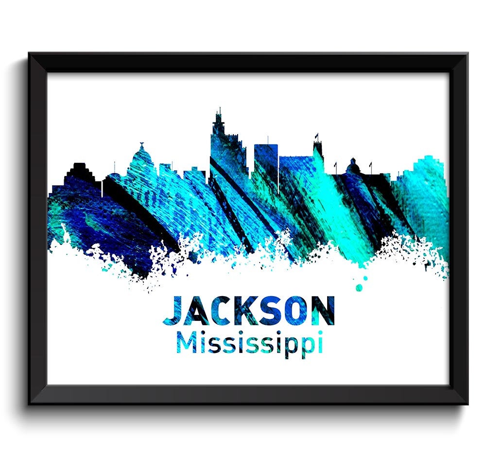 Jackson Skyline Mississippi City Turquoise Blue Teal Navy Watercolor Cityscape Poster Print Landscap