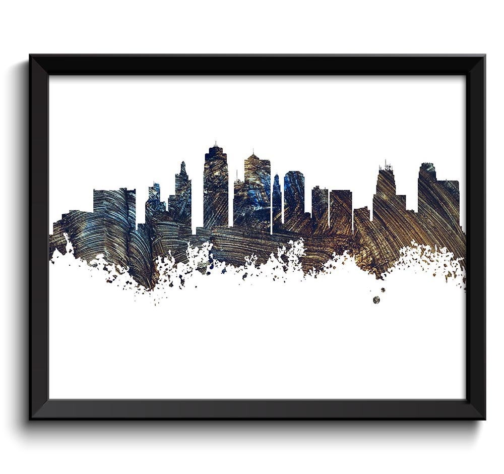 Kansas City Skyline Missouri Navy Blue Brown Grey Watercolor Cityscape Poster Print Landscape Painti