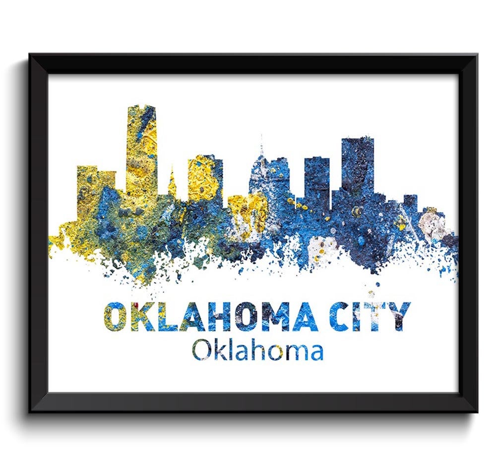 Oklahoma City Skyline Yellow Navy Blue Watercolor Cityscape Poster Print Landscape Art Painting