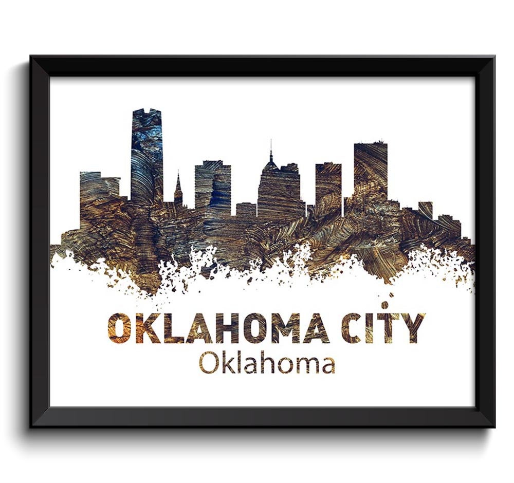 Oklahoma City Skyline Navy Blue Beige Brown Grey Watercolor Cityscape Poster Print Landscape Art Pai