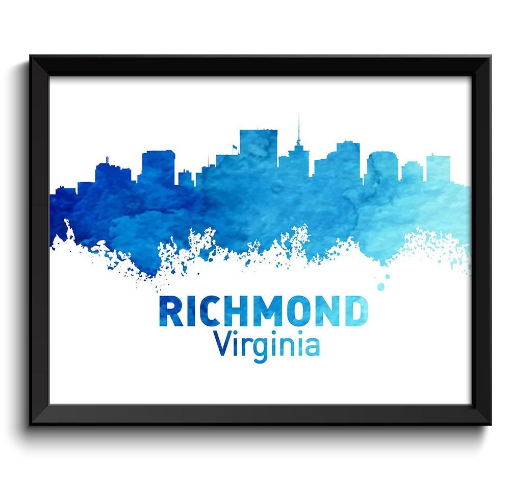 Richmond Skyline Virginia City Navy Turquoise Blue Watercolor Cityscape Poster Print Landscape Art P