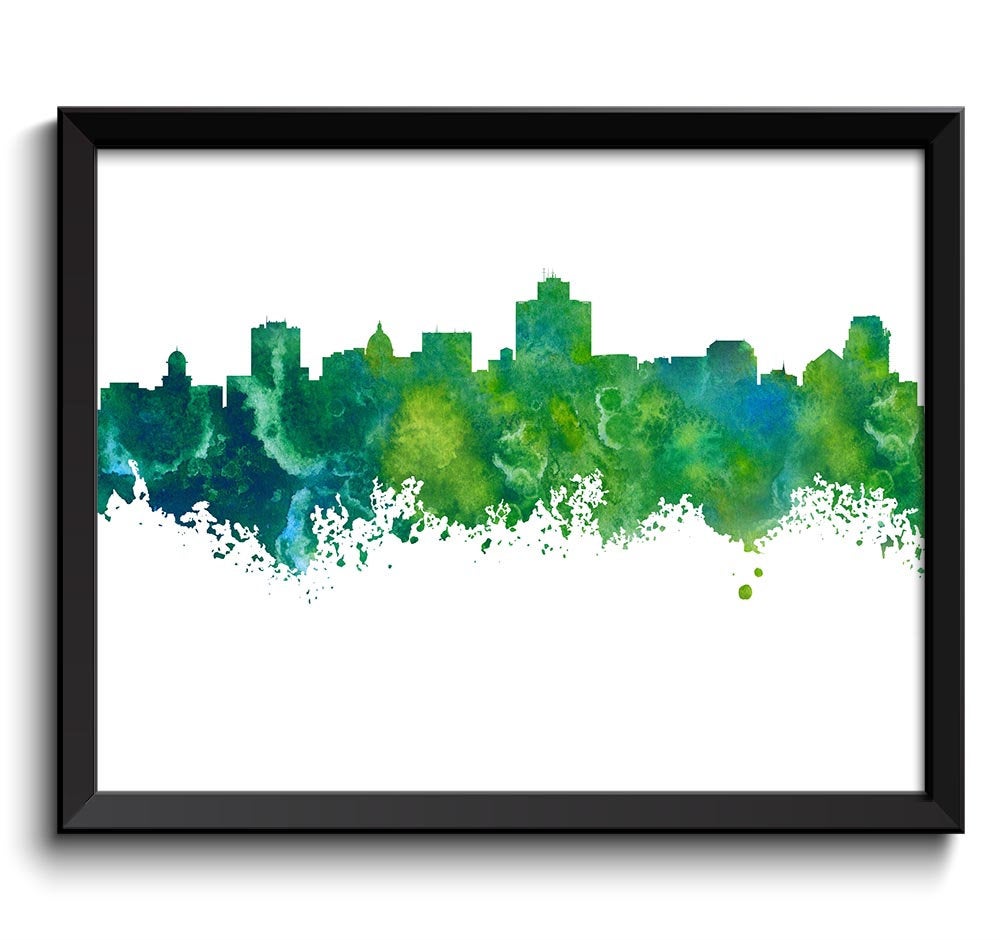 Salt Lake City Skyline Utah City Lime Green Teal Turquoise Blue Watercolor Cityscape Poster Print La