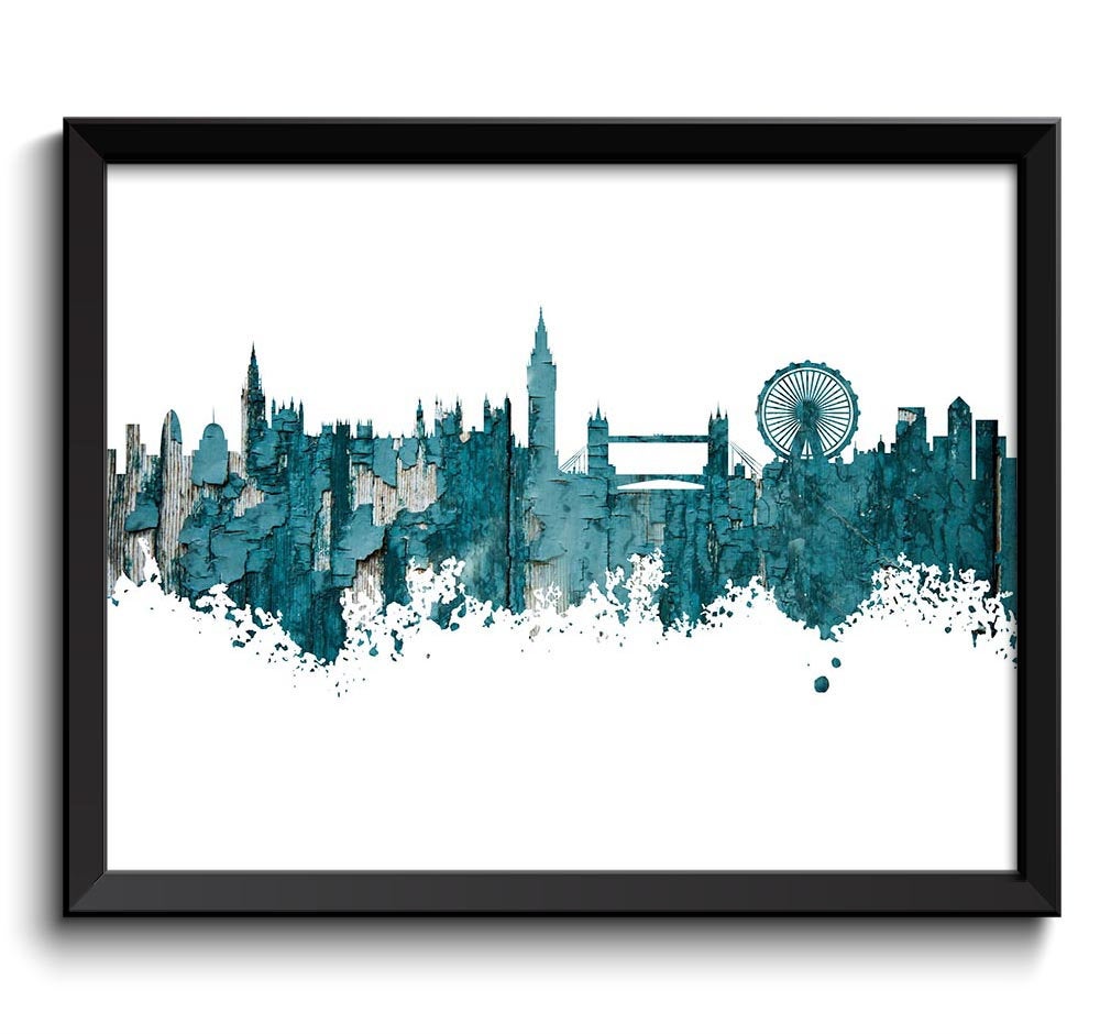 London Skyline England UK City Teal Turquoise Blue Grey Watercolor Cityscape Poster Print Landscape 