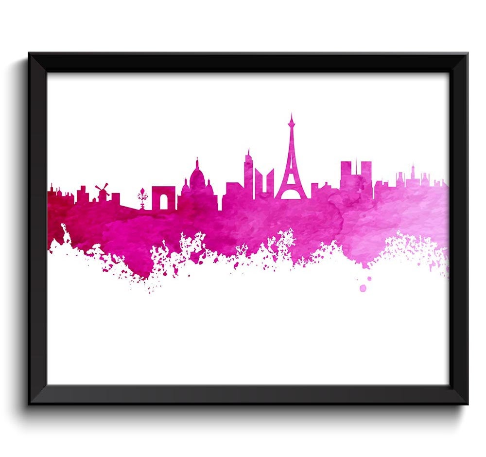 Paris Hot Pink White Skyline Colorful France Europe City Watercolor Cityscape Poster Print Abstract 