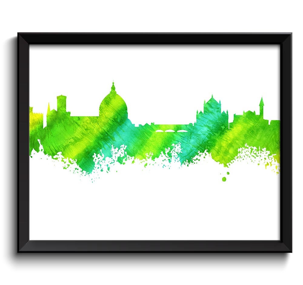 Florence Skyline Watercolor Art Poster Print Blue Lime Green Blue Wall Decor Art Painting Italy Artw