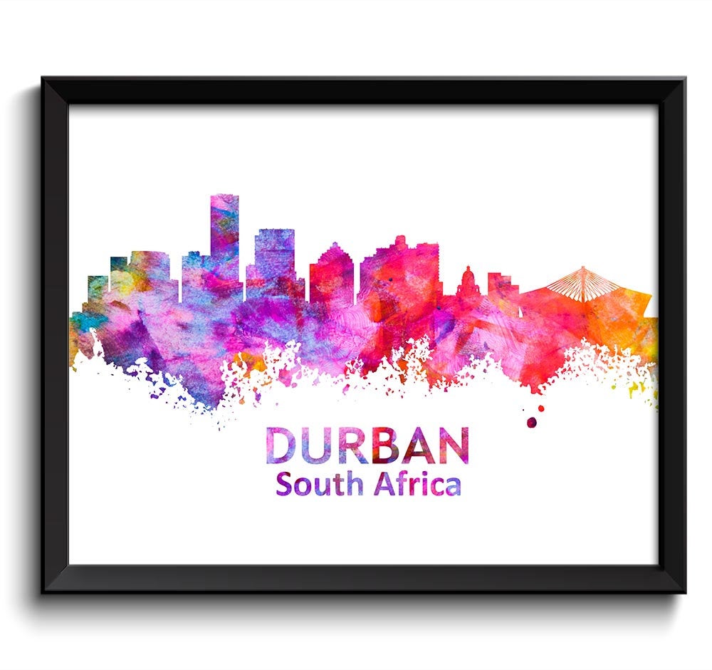 Durban Skyline South Africa Cityscape Art Print Poster Pink Orange Purple Red Watercolor Painting