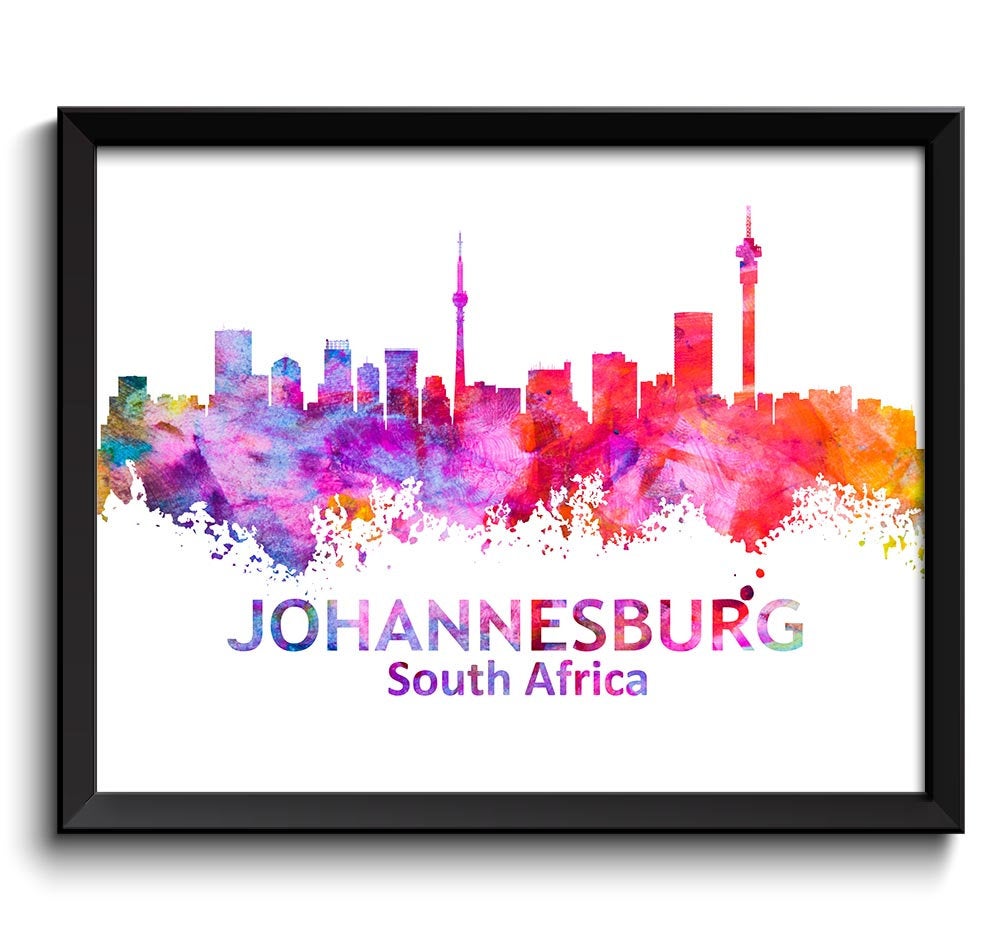 Johnannesburg Skyline South Africa Cityscape Art Print Poster Yellow Red Pink Purple Watercolor Pain