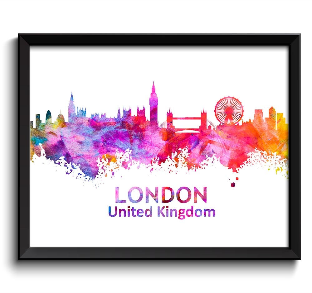 London Skyline England Europe Cityscape Art Print Poster Yellow Red Pink Purple Watercolor Painting