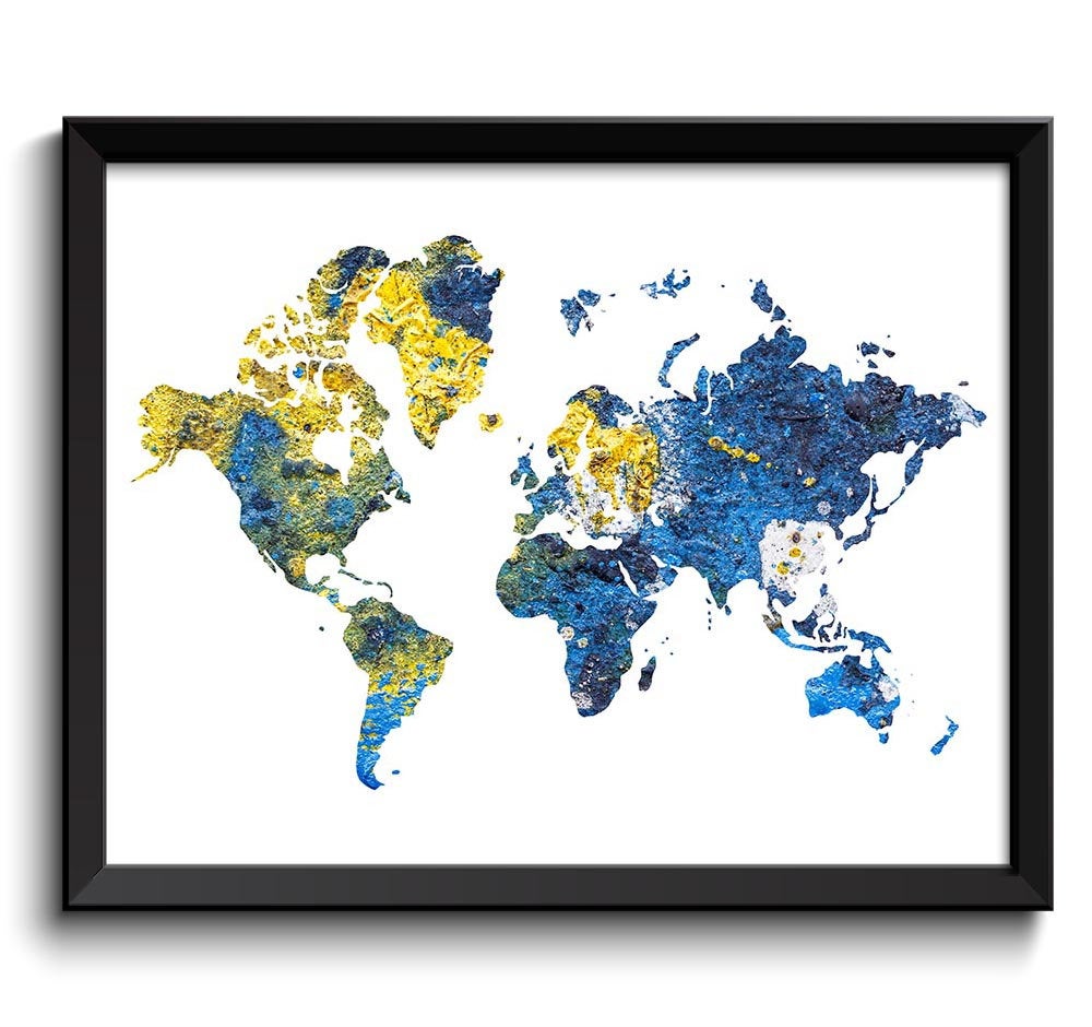 World Map Print Navy Blue Yellow Watercolor Poster Print Globe Modern Abstract Landscape Art Paintin