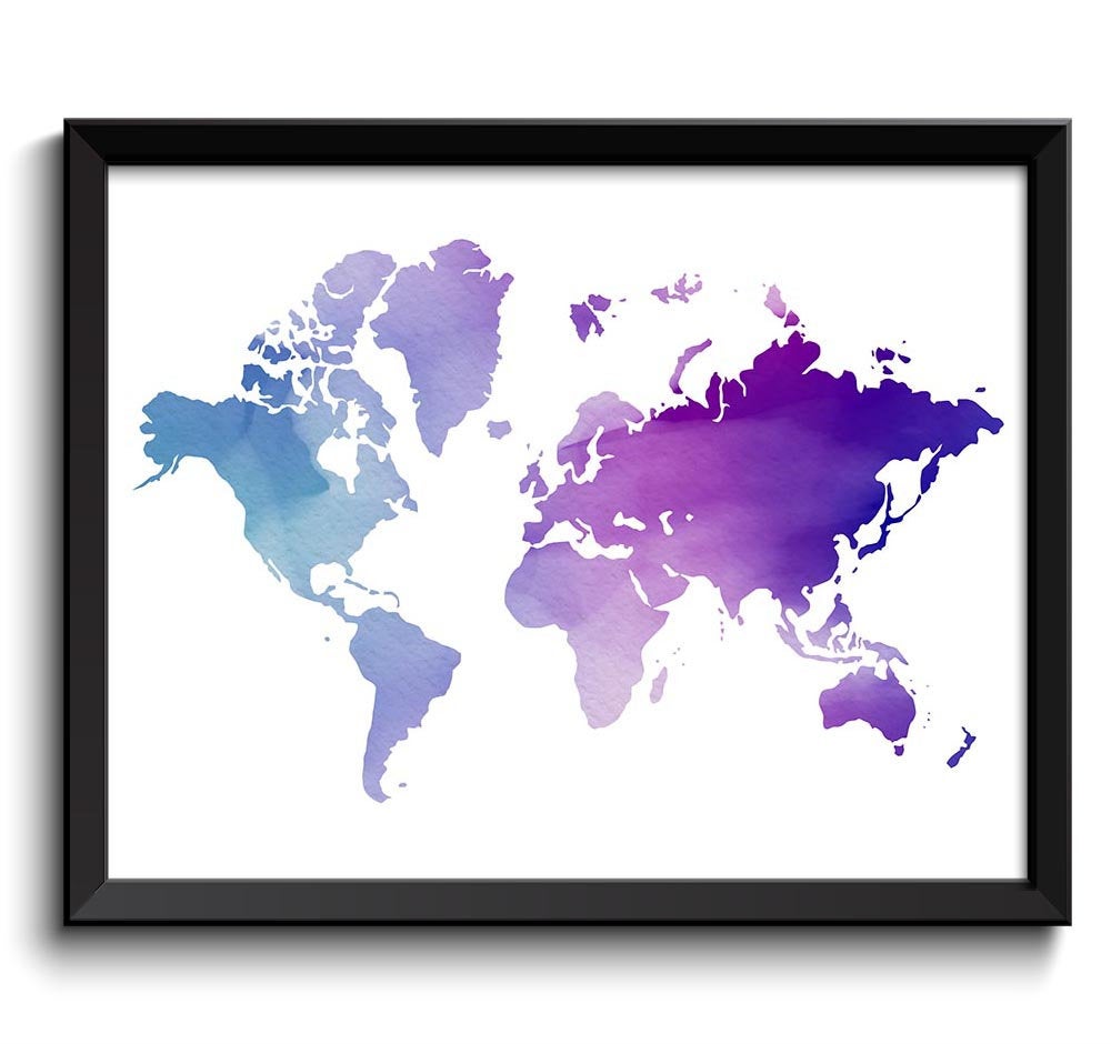 World Map Print Blue Purple Lilac Watercolor Poster Print Globe Modern Abstract Landscape Art Painti