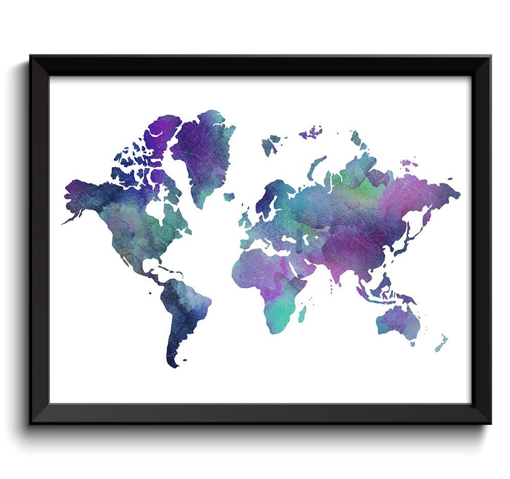 World Map Print Purple Pink Green Blue Watercolor Poster Print Globe Modern Abstract Landscape Art P