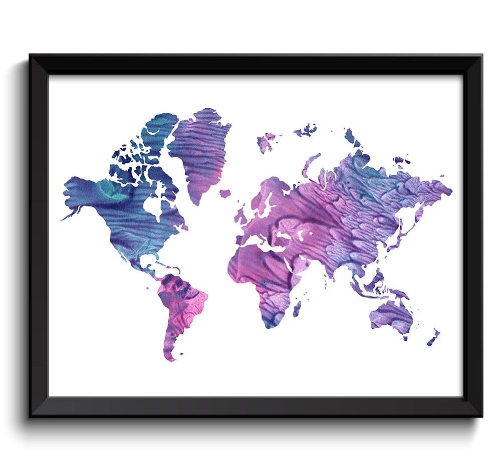 World Map Print Teal Green Blue Pink Purple Watercolor Poster Print Globe Modern Abstract Landscape 