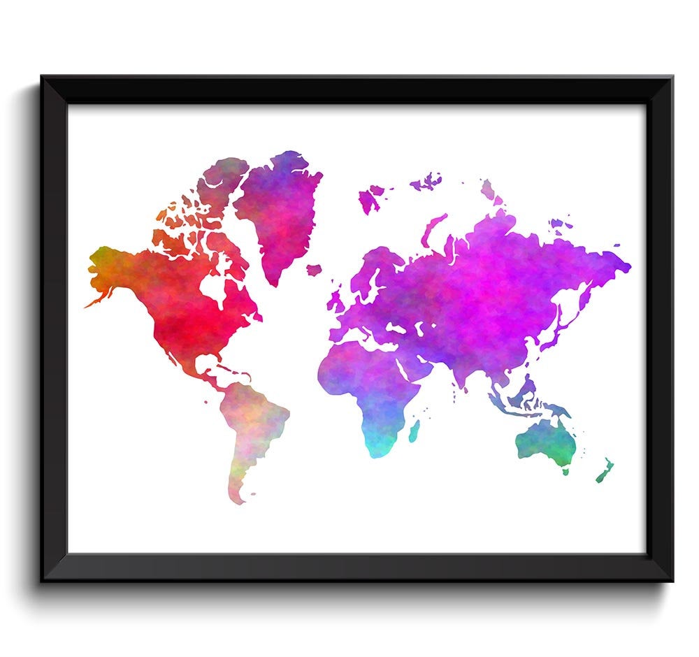 World Map Print Purple Red Green Blue Pink Watercolor Poster Print Globe Modern Abstract Landscape A