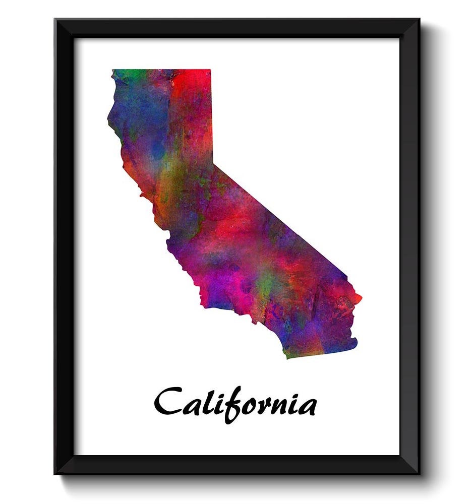 California Map State Watercolor Painting Poster Print USA United States Abstract Landscape Art Color