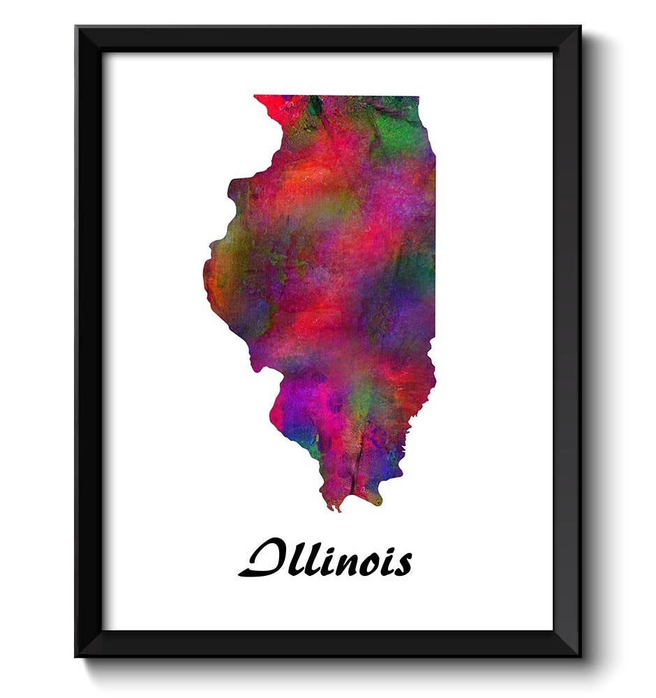 Illinois Map State Watercolor Painting Poster Print USA United States Abstract Landscape Art Colorfu