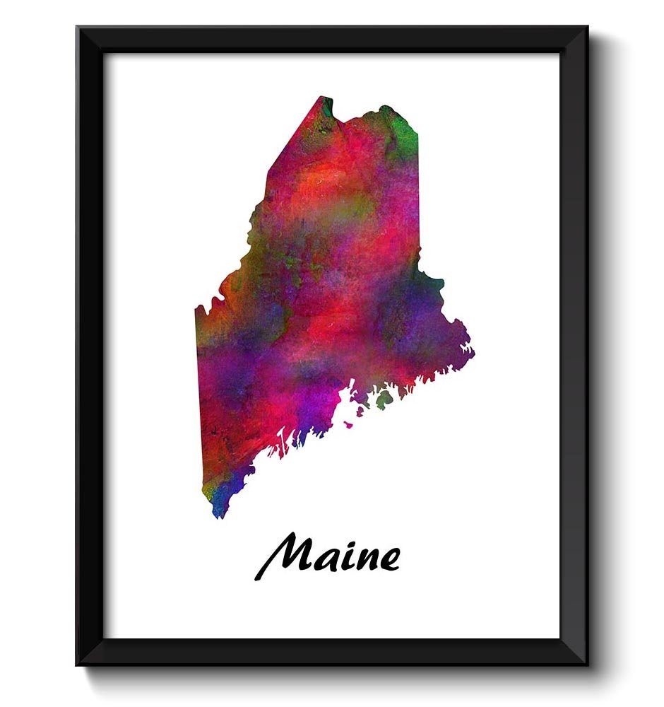 Maine Map State Watercolor Painting Poster Print USA United States Modern Abstract Landscape Art Col