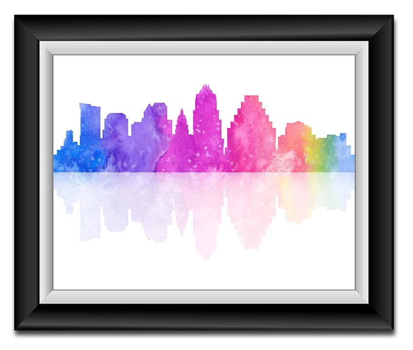 Austin Skyline Texas City Purple Pink Blue Yellow Watercolor Cityscape Poster Print Modern Abstract 