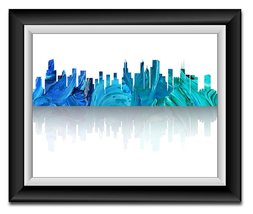 Chicago Skyline Illinois City Sky Royal Blue Watercolor Cityscape Poster Print Modern Abstract Lands