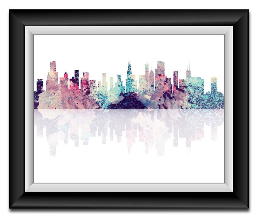 Chicago Skyline Illinois City Pink Purple Blue Watercolor Cityscape Poster Print Modern Abstract Lan