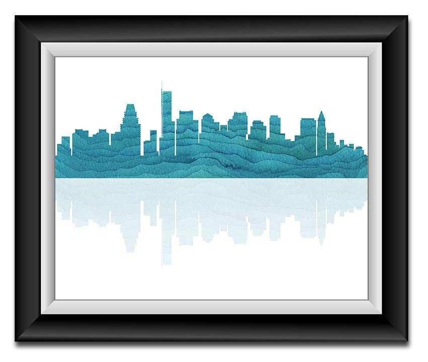 Boston Skyline Massachusetts City Royal Blue Watercolor Cityscape Poster Print Modern Abstract Lands