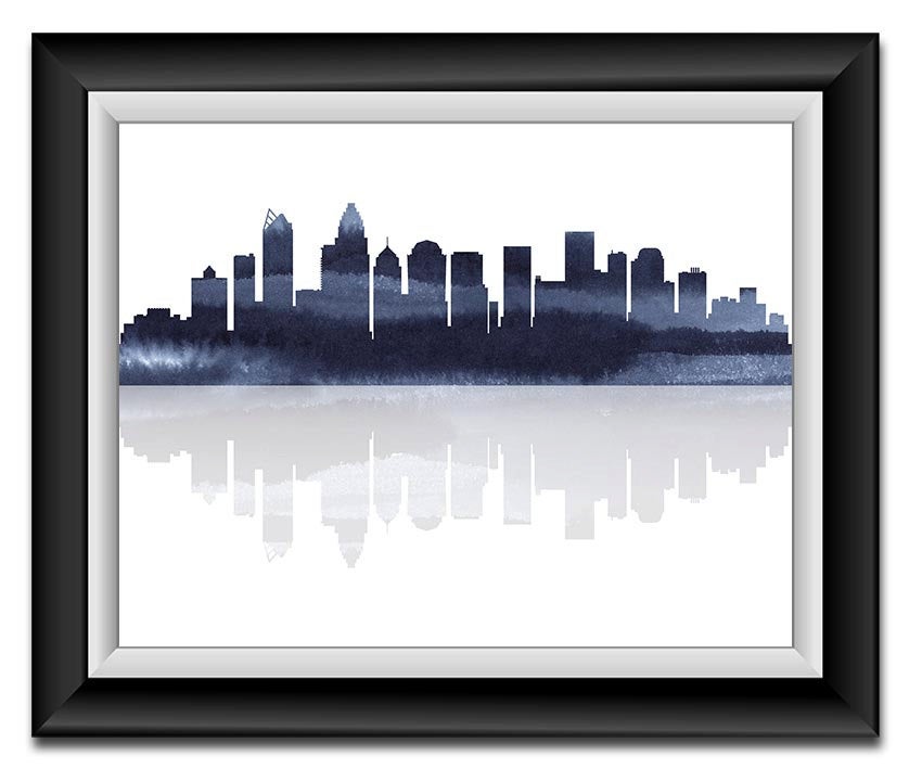 Charlotte Skyline North Carolina City Blue Black Grey Watercolor Cityscape Poster Print Modern Lands