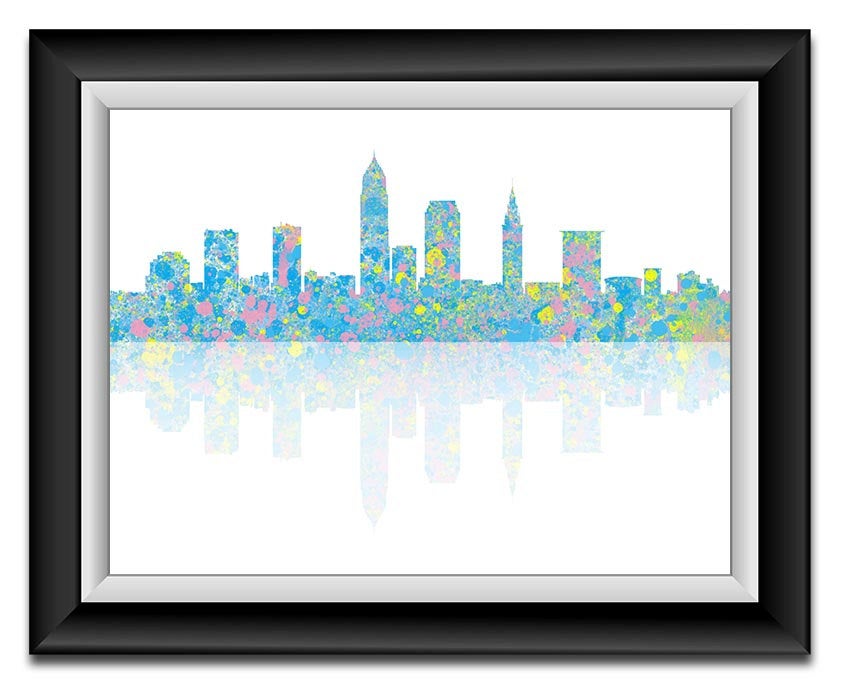 Cleveland Skyline Ohio City Pink Purple Yellow Watercolor Cityscape Poster Print Modern Abstract Lan