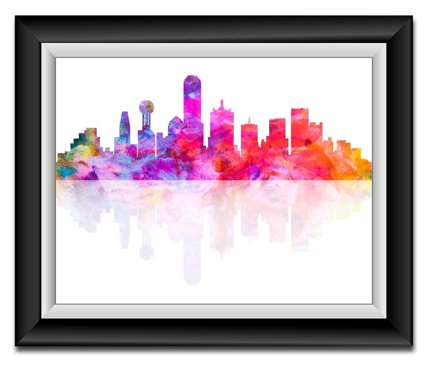 Dallas Skyline Texas City Purple Pink Blue Yellow Watercolor Cityscape Poster Print Modern Abstract 