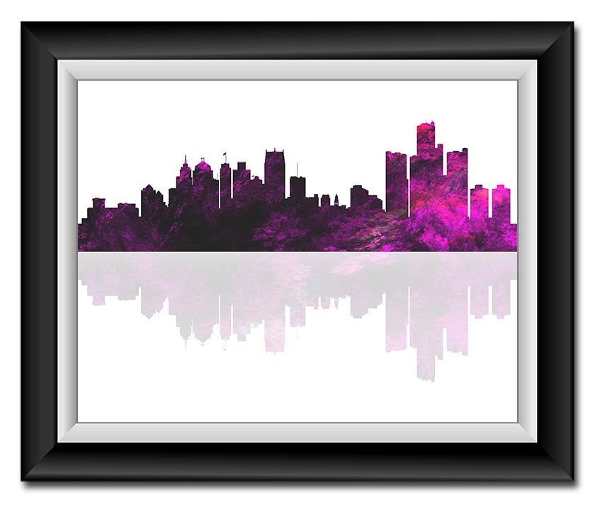 Detroit Skyline Michigan City Lilac Lavender Purple Watercolor Cityscape Poster Print Abstract Lands