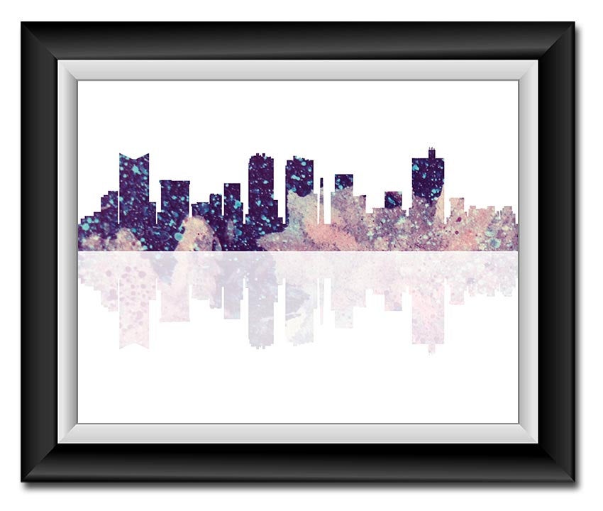 Fort Worth Skyline Texas City Pink Purple Blue Watercolor Cityscape Poster Print Modern Abstract Lan