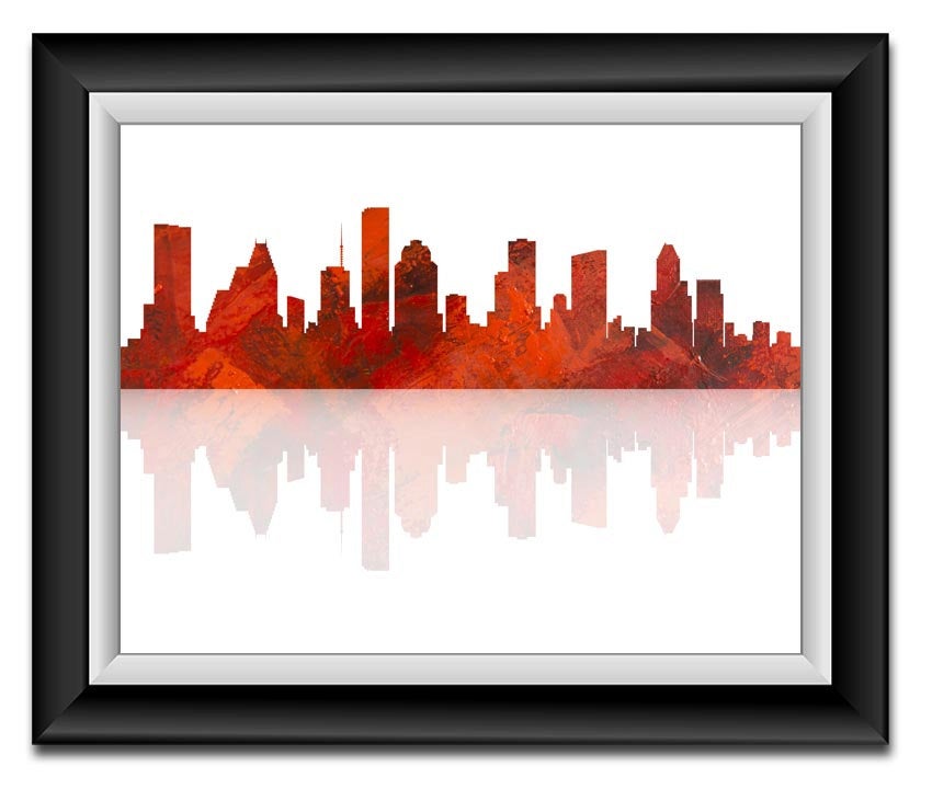 Houston Skyline Texas City Red Black Watercolor Cityscape Poster Print Modern Abstract Landscape Art