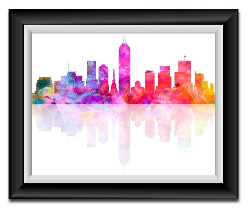 Indianapolis Skyline Indiana City Purple Pink Blue Yellow Watercolor Cityscape Poster Print Abstract