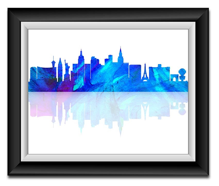 Las Vegas Skyline Nevada City Sky Royal Blue Purple Watercolor Cityscape Poster Print Abstract Lands