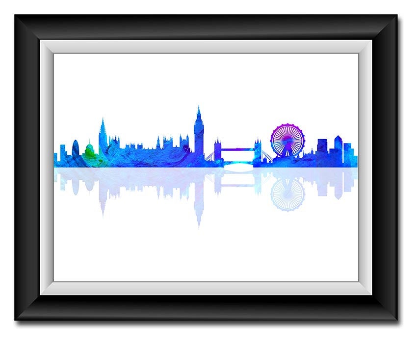 London Skyline England City Sky Royal Blue Purple Green Watercolor Cityscape Poster Print Modern Lan