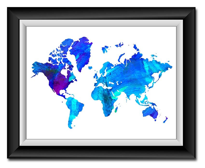 World Map Print Royal Blue Purple Green Watercolor World Map Poster Print Globe Modern Abstract Land