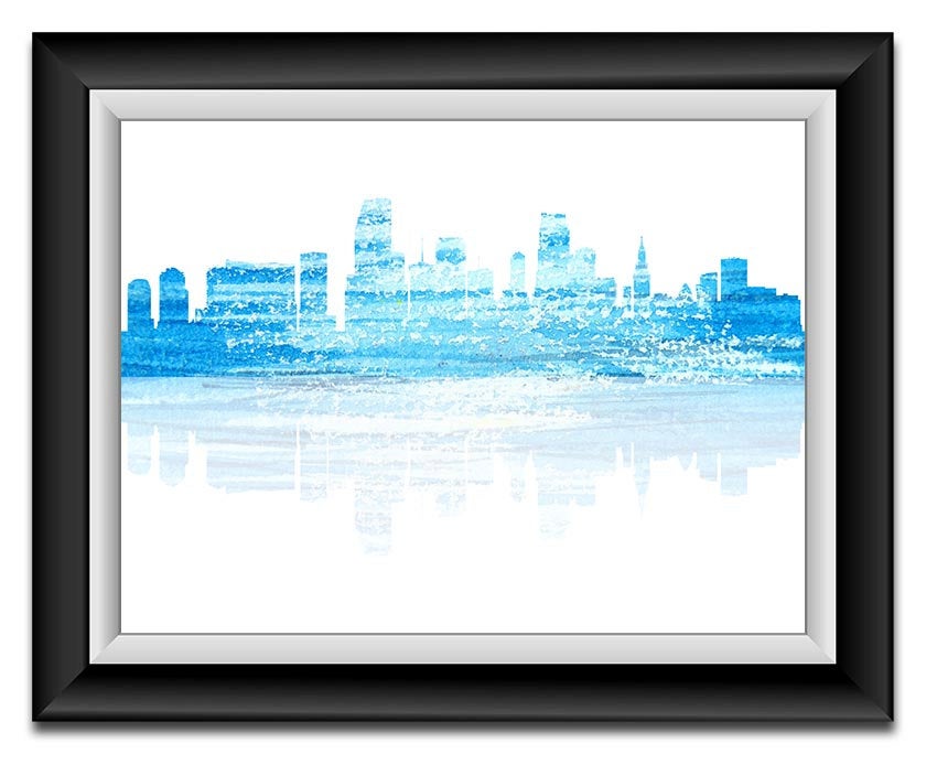 Miami Skyline Florida City Sky Blue White Watercolor Cityscape Poster Print Modern Abstract Landscap