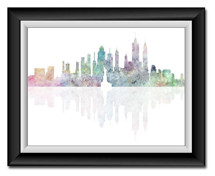 New York City Skyline Green Pink Purple Blue Watercolor Cityscape Poster Print Modern Abstract Lands