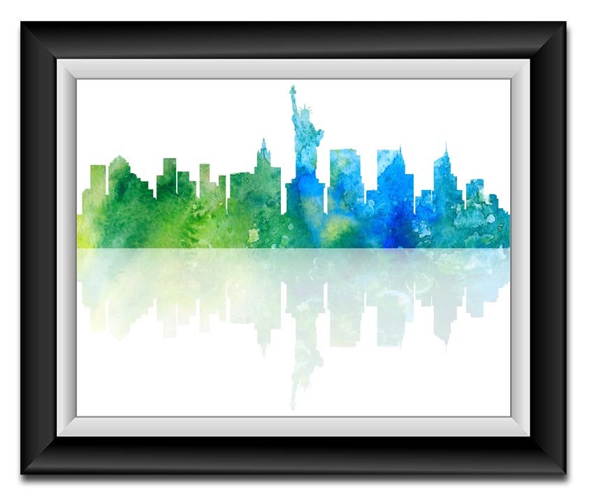 New York City Skyline Green Blue Watercolor New York Cityscape Poster Print Modern Abstract Landscap