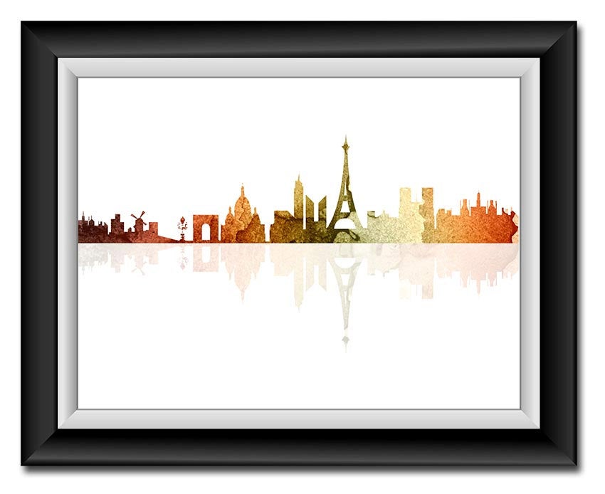 Paris Skyline France City Green Orange Red Beige Watercolor Cityscape Poster Print Modern Abstract L