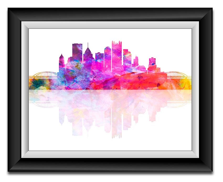 Pittsburgh Skyline Pennsylvania City Purple Pink Blue Yellow Watercolor Cityscape Poster Print Lands