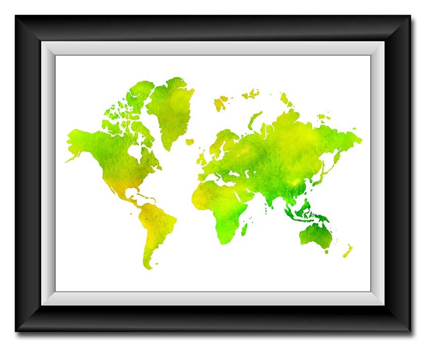 World Map Print Lime Green Yellow Watercolor Poster Print Globe Modern Abstract Landscape Art Painti