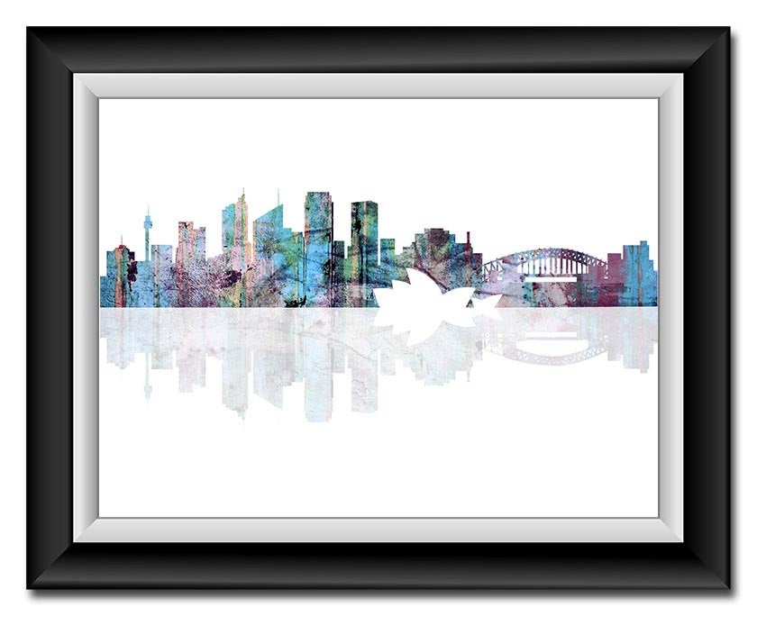 Sydney Skyline Australia City Pink Purple Blue Green Watercolor Cityscape Poster Print Abstract Land