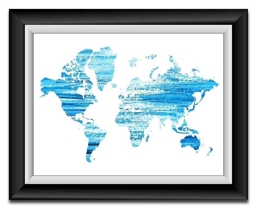 World Map Print Sky Royal Blue Watercolor World Map Poster Print Globe Modern Abstract Landscape Art