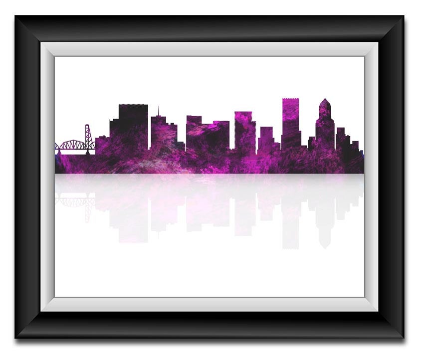 Portland Skyline Oregon City Lilac Lavender Purple Black Watercolor Cityscape Poster Print Abstract 