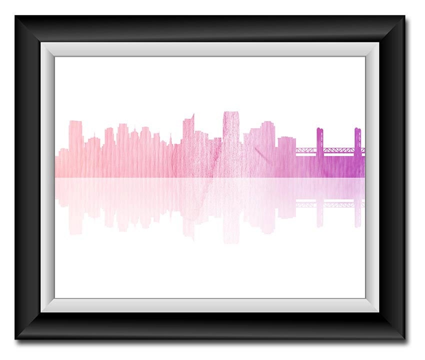 Sacramento Skyline California City Purple Pink Watercolor Cityscape Poster Print Modern Abstract Lan