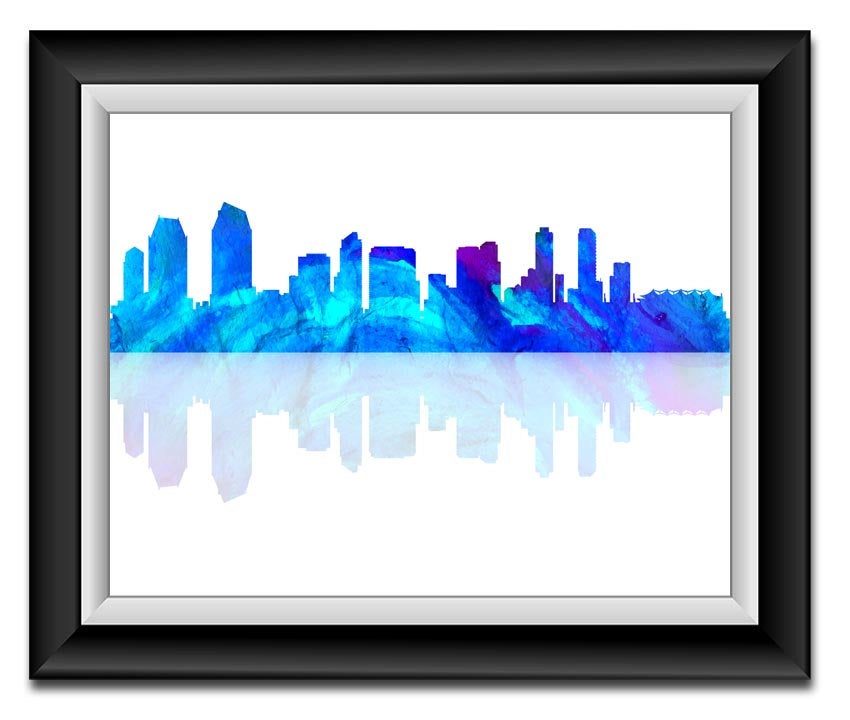 San Diego California City Skyline Sky Royal Blue Purple Watercolor Cityscape Poster Print Abstract L